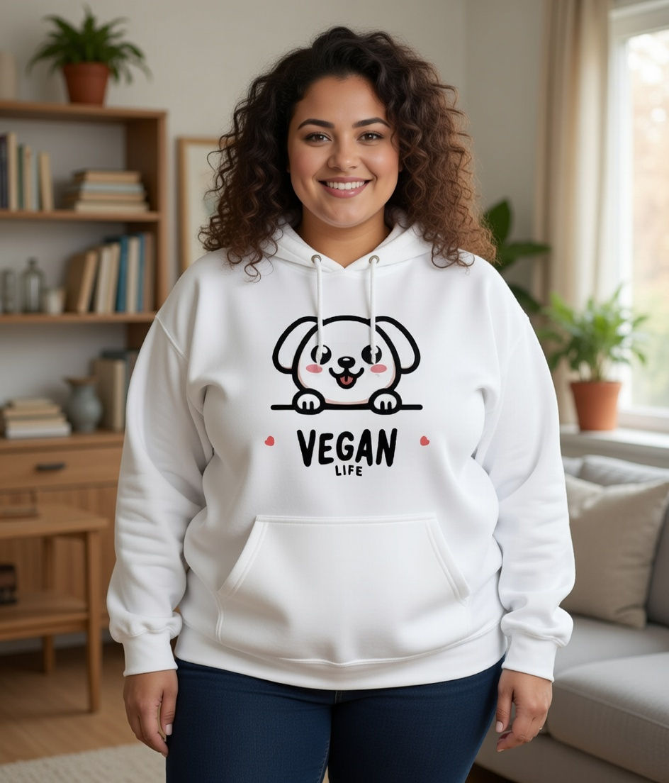 plus size vegan life dog lifestyle – white hoodie with cute dog graphic worn indoors in a cozy room with bookshelves plants a