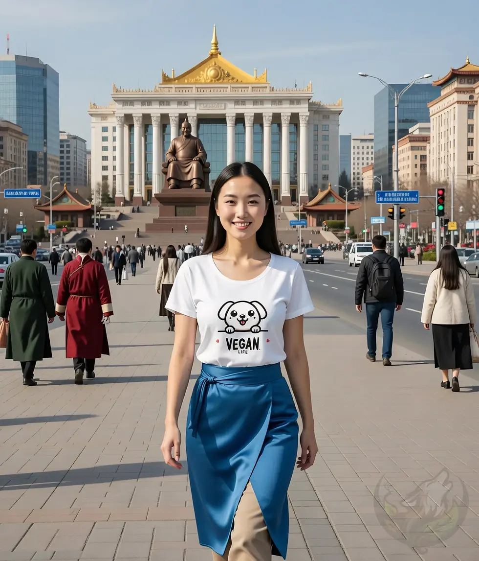 Thumbnail: White scoop‑neck tee with cute dog vegan graphic worn while walking through a busy city square with historic architecture.