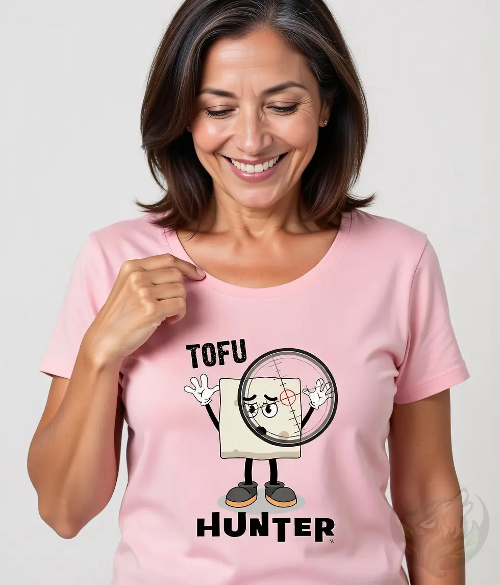 Thumbnail: Cotton‑pink scoop‑neck tee with the Vegan Quotes “Tofu Hunter” design shown in a soft studio setting.