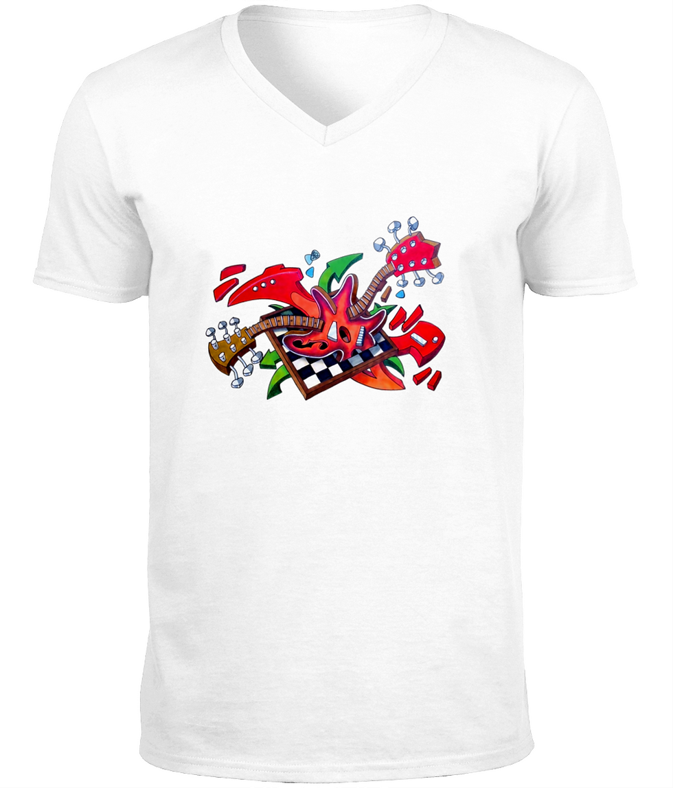 Thumbnail: White Guitar Jam men’s V‑neck with a bright expressive music‑inspired illustration.