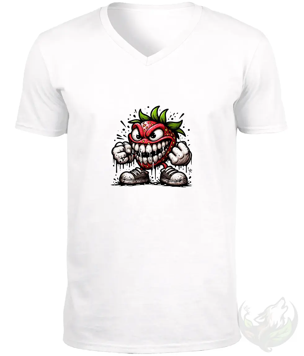 Thumbnail: White V-neck graffiti angry strawberry shirt with angry cartoon fruit print and graffiti inspired style