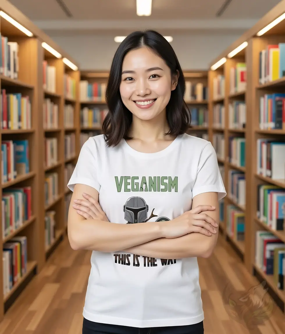 Thumbnail: Woman in a white scoop neck tee with cartoony Mando‑style characters and a vegan “This Is The Way” message.