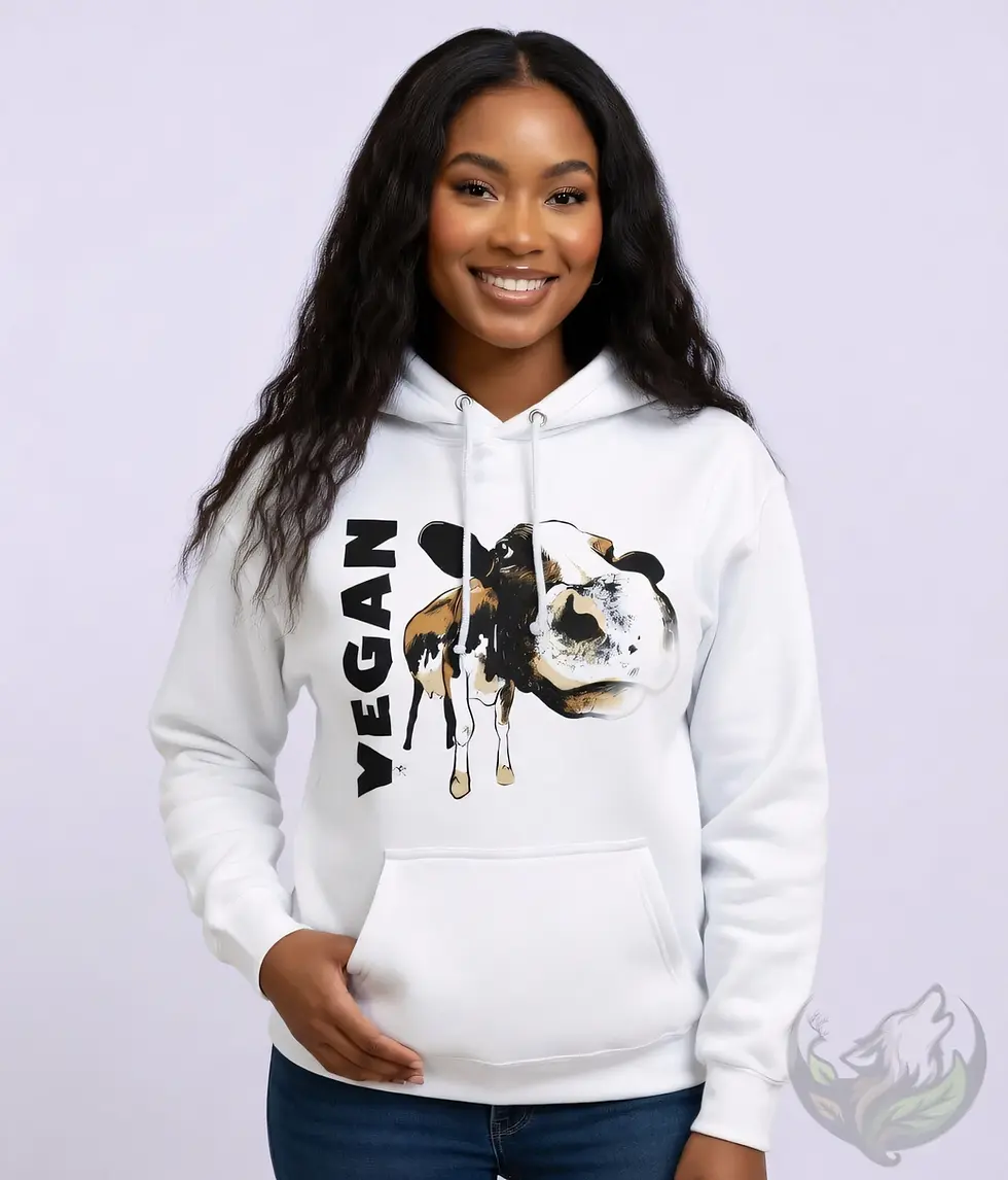 Miniaturbild: White unisex hoodie showing "VEGAN" in bold letters alongside painted cow illustration.