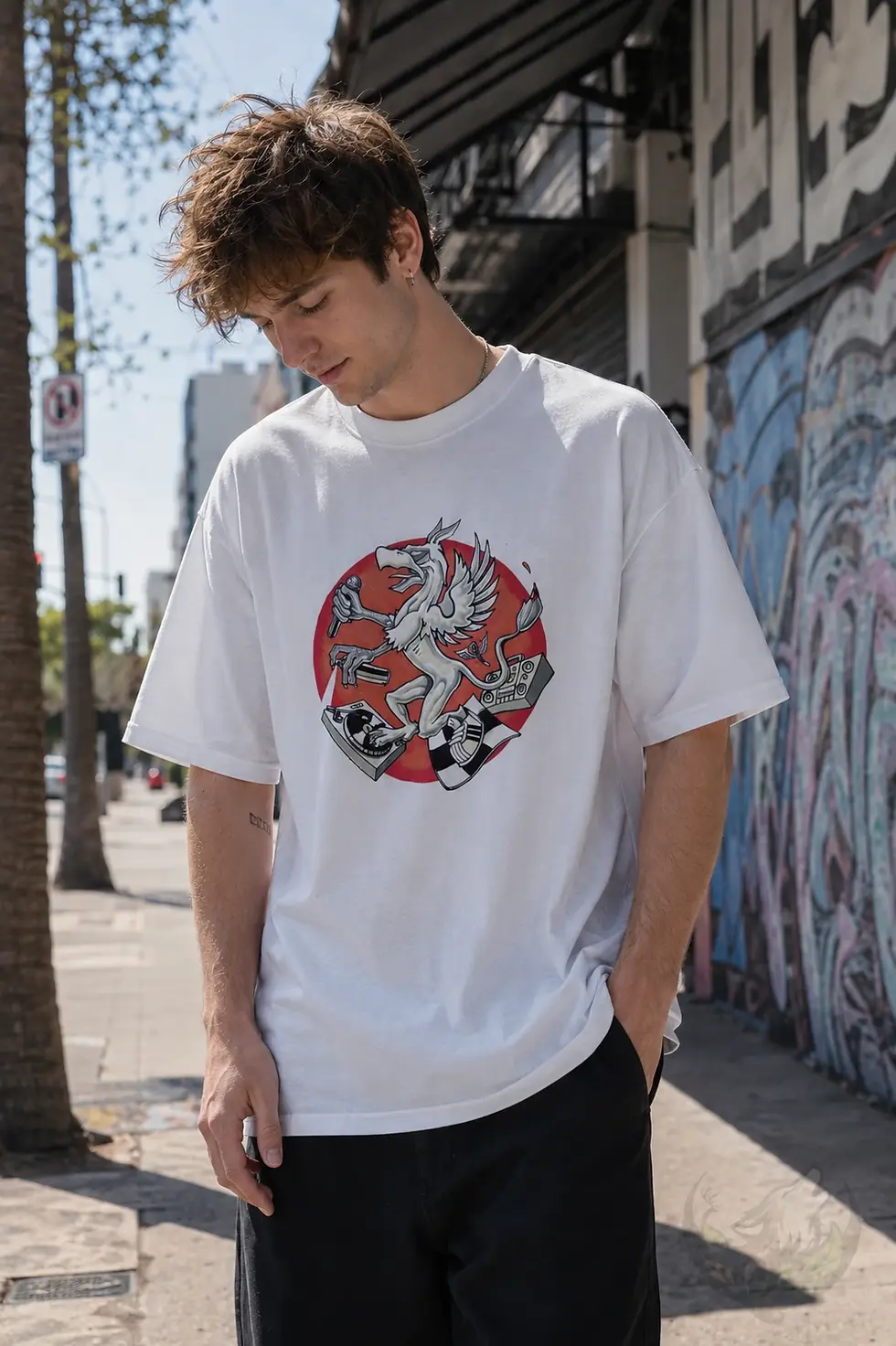 Thumbnail: Man wearing white unisex Griffin shirt with fantasy music artwork in urban graffiti street scene