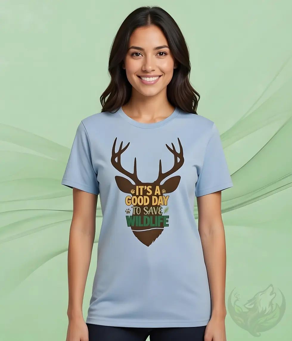 Thumbnail: Light blue fitted tee with a deer silhouette and colorful “Save Wildlife” motivational design.