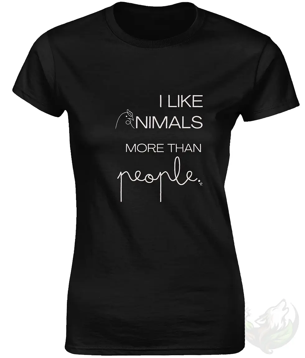 Thumbnail: Black fitted tee with the Vegan Quotes “I Like Animals More” design shown in a clean studio view.