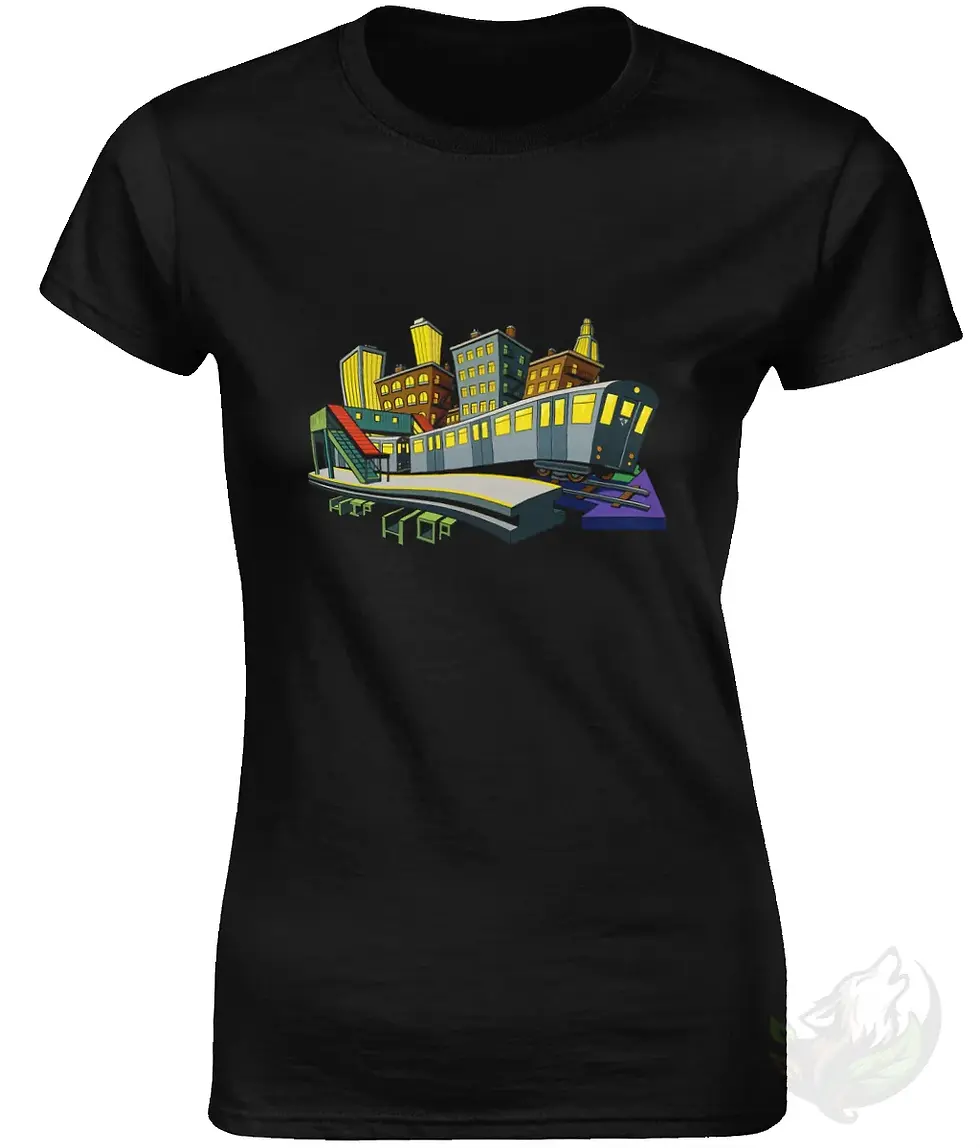 Thumbnail: Black fitted tee featuring Def P’s NY Subway artwork with colorful city buildings and an elevated train scene