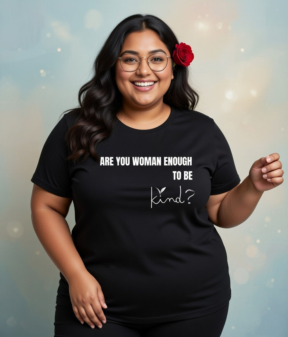 plus size vegan quotes are you woman enough lifestyle – woman wearing a black shirt with a bold vegan message in a confident