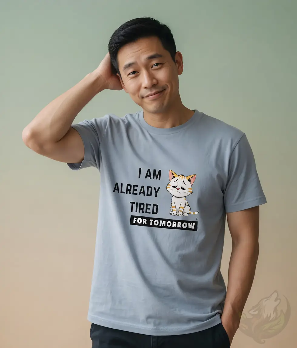 East Asian male model wearing light blue “I Am Already Tired For Tomorrow” t-shirt, hand behind head, amused tired expression