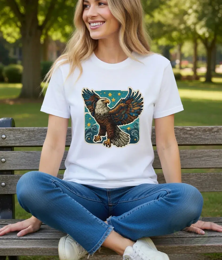 Thumbnail: White fitted tee on smiling woman sitting in park, bold eagle graphic with spread wings and starry accents on chest