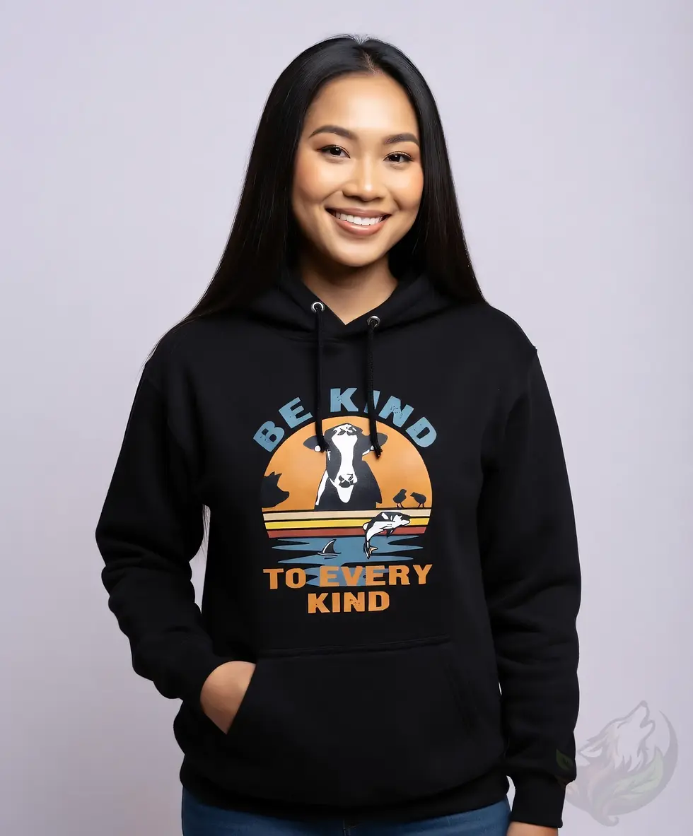Miniaturbild: Black unisex hoodie displaying "BE KIND TO EVERY KIND" with vintage-style sunset and animal silhouettes.