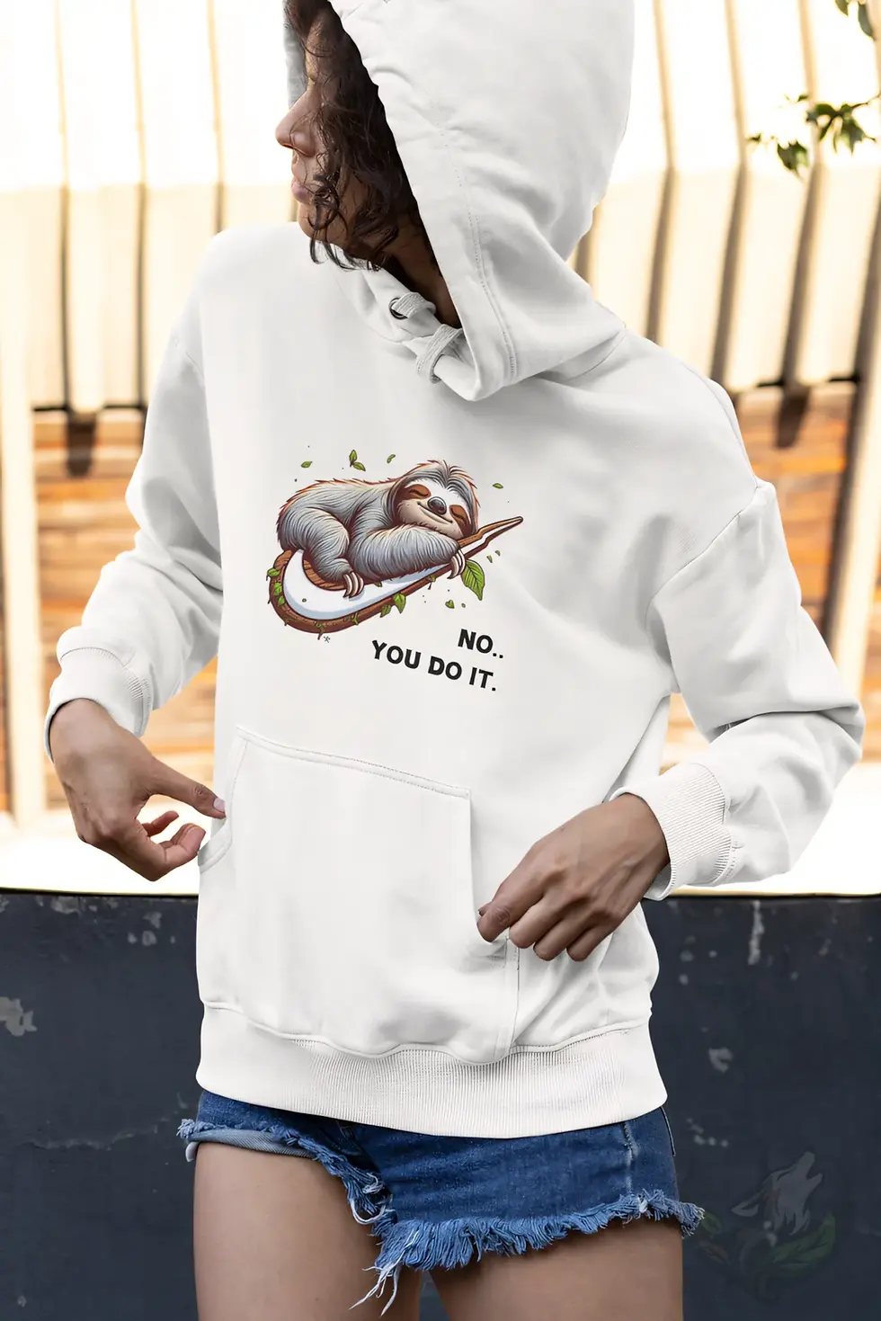Woman wearing white unisex hoodie with No You Do It sloth design and funny lazy quote