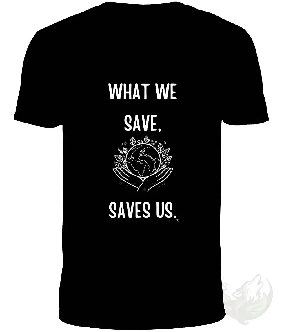 Thumbnail: What We Save Saves Us black v neck t shirt flat lay isolated apparel mockup eco earth hands design