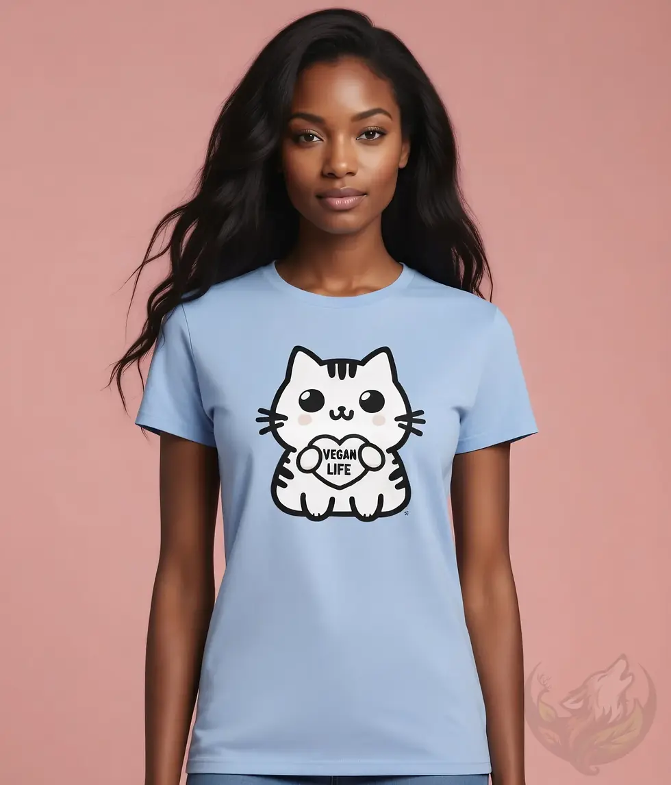 Thumbnail: Smiley cartoon cat showing off a ‘Vegan Life’ heart on a bright women’s shirt