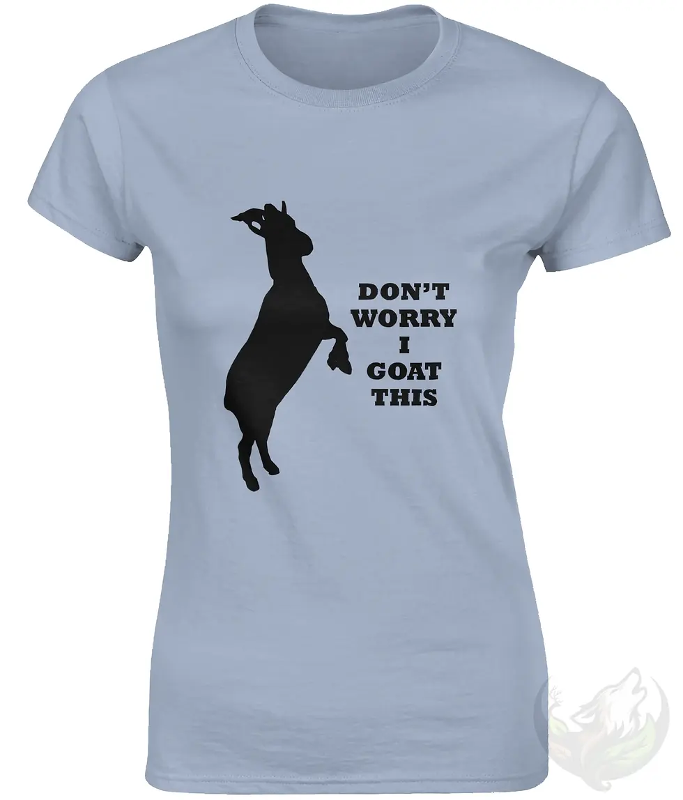 Thumbnail: Light blue fitted t-shirt with black goat silhouette and text "Don't worry I goat this".