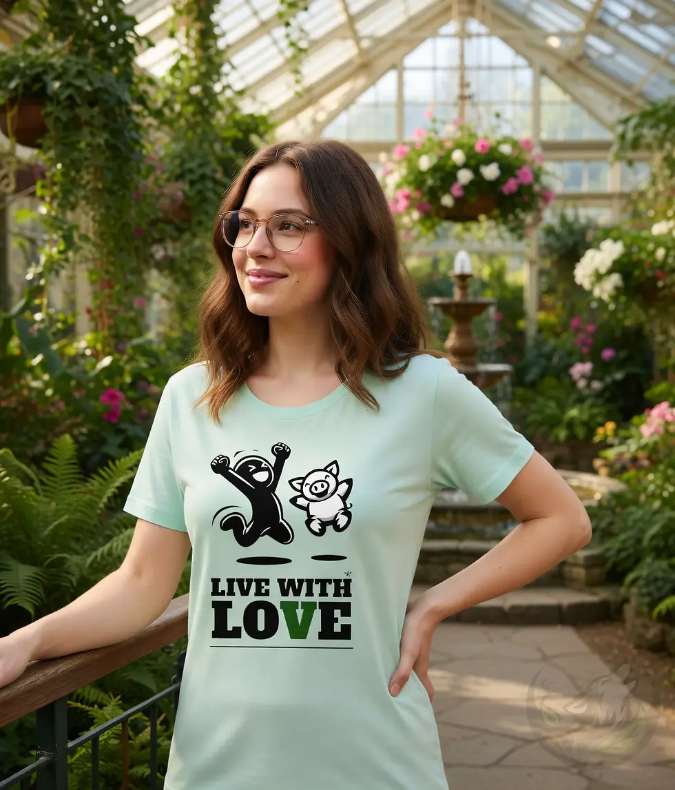 Thumbnail: Woman wearing blue ice scoop neck t-shirt featuring jumping black figure, pig, and "LIVE WITH LOVE".
