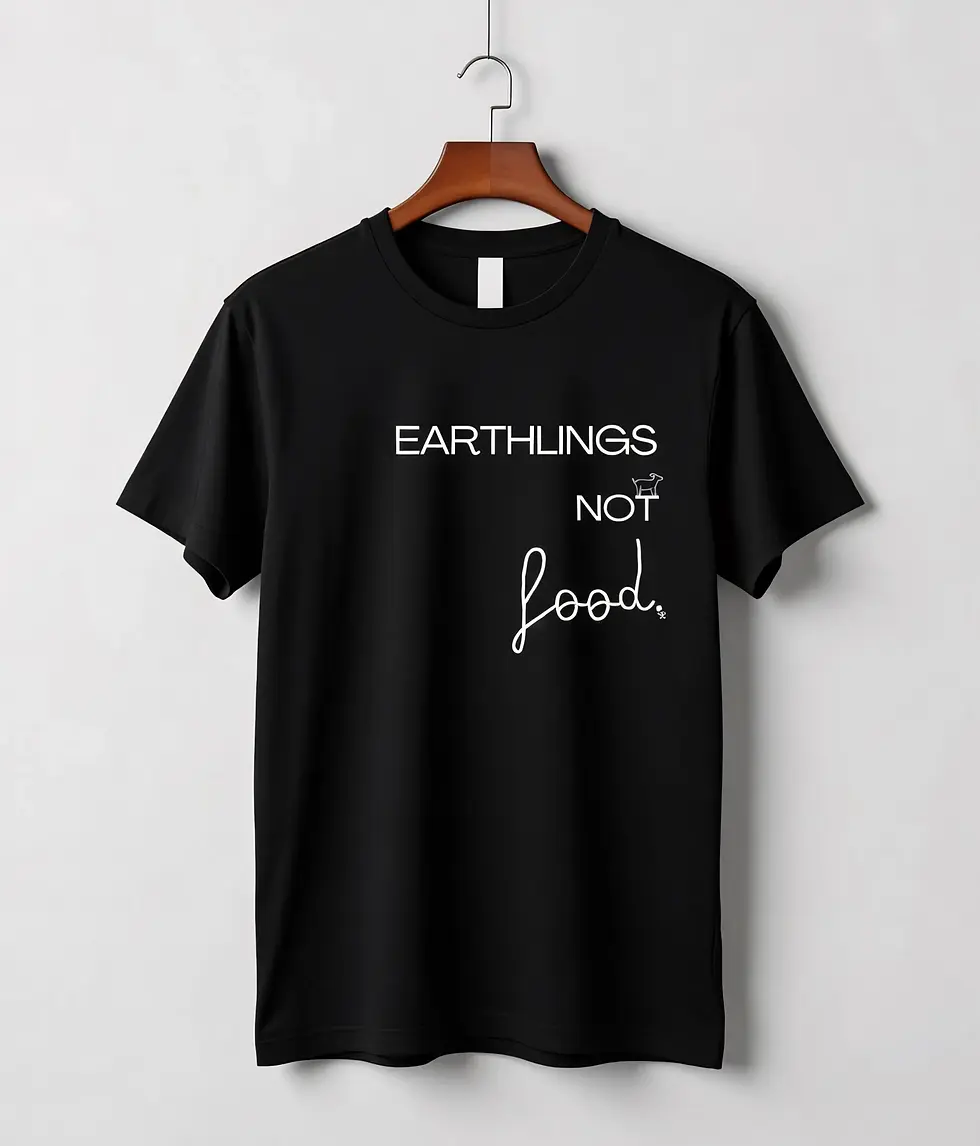 Thumbnail: Black fitted tee with the Vegan Quotes “Earthlings Not Food” design shown on a hanger in studio.