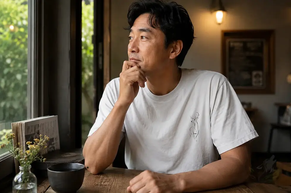 Man wearing white unisex deer line art shirt sitting by a window in a calm indoor lifestyle scene