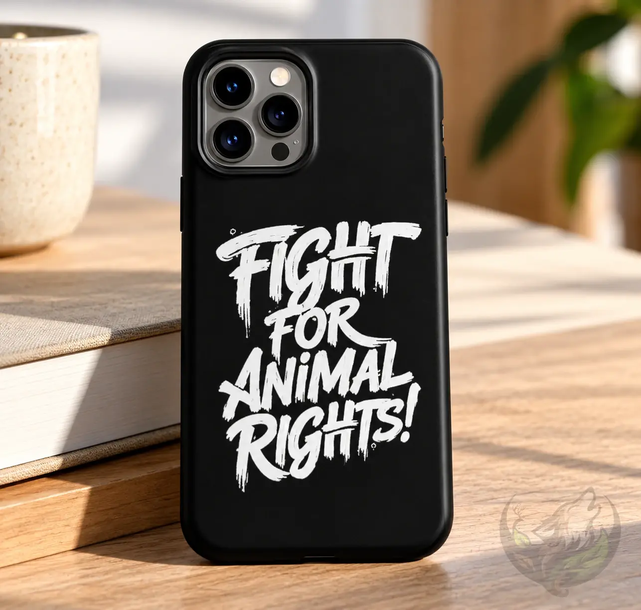 Black phone case with bold white “Fight for Animal Rights!” design on a wooden table