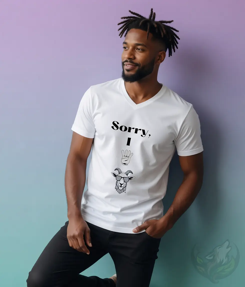 Thumbnail: Men’s white V-neck shirt with funny Sorry I 4 goat print, casual studio fashion with goat humor