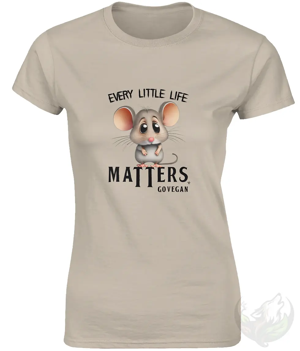 Thumbnail: Sand fitted tee with the Vegan Quotes “Little Lives Matter” design shown in a studio setting.