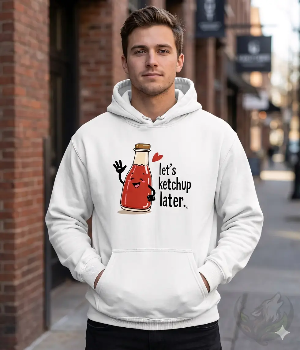 Thumbnail: Man wearing white unisex Let's Ketchup Later food pun hoodie standing on a city street