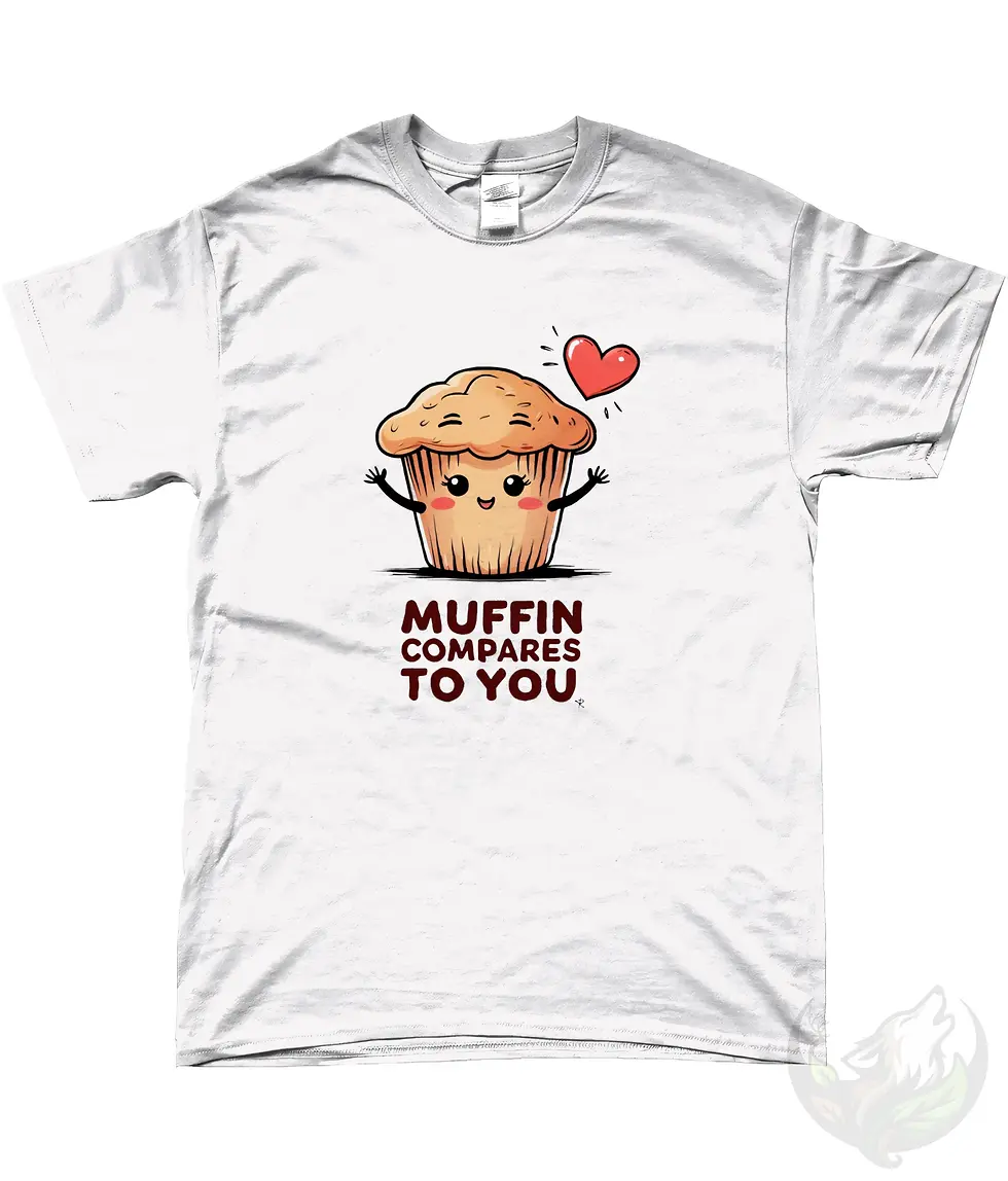 Thumbnail: White unisex t-shirt flat lay mockup featuring cute Muffin Compares To You food pun design
