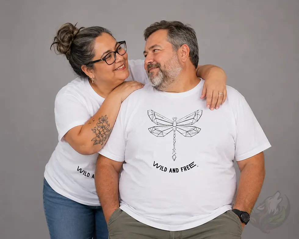 Plus size couple wearing white shirts with matching geometric dragonfly Wild and Free design