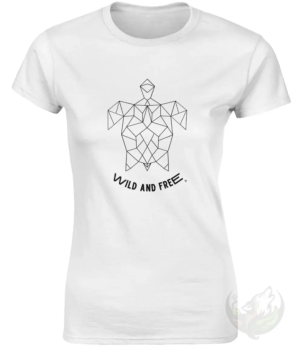 Thumbnail: White fitted tee with geometric turtle Wild and Free design displayed on a crisp, minimal mockup background.