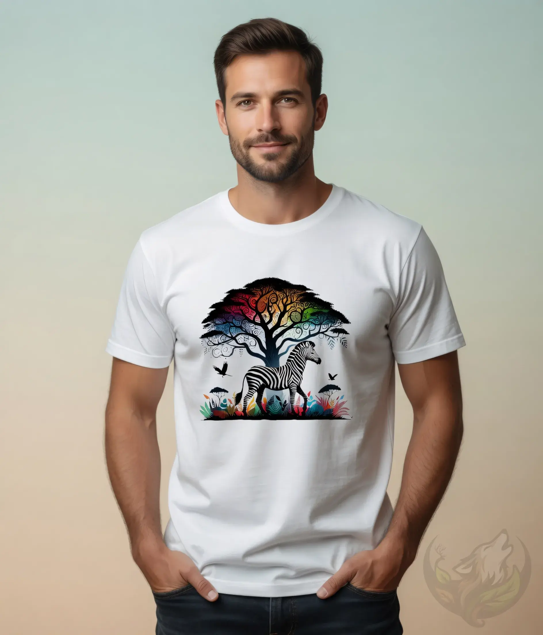 White unisex t-shirt on smiling man with brown hair in studio, colorful zebra tree design.