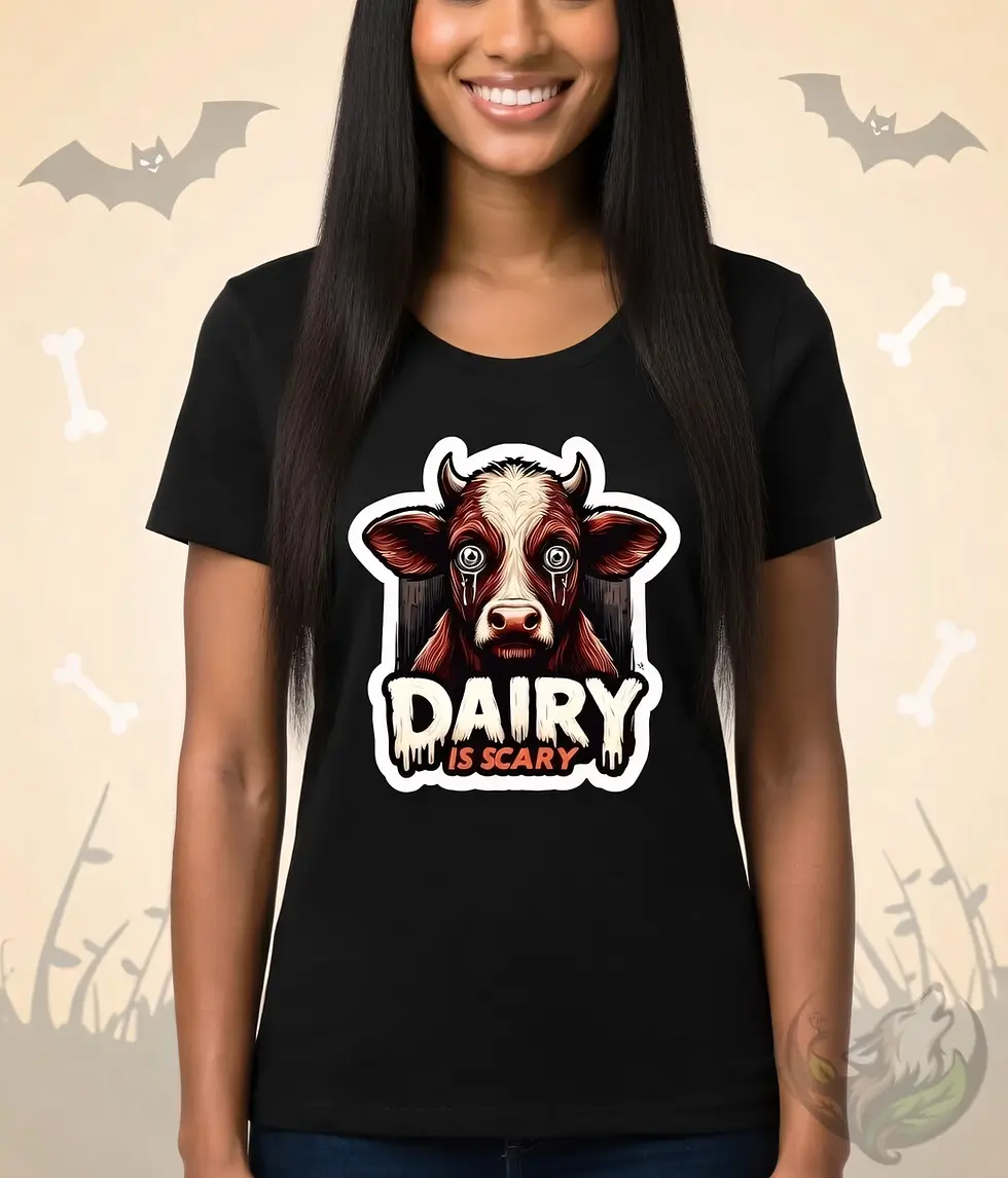 Thumbnail: Black scoop‑neck tee with the Vegan Quotes “Dairy Is Scary” design shown in a studio setting.