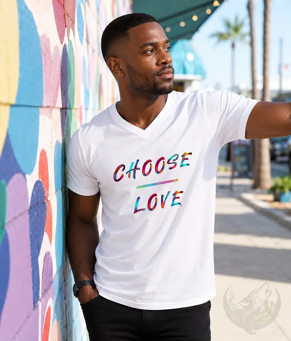 Thumbnail: Man wearing white V-neck Choose Love shirt outside near colorful wall with casual lifestyle look