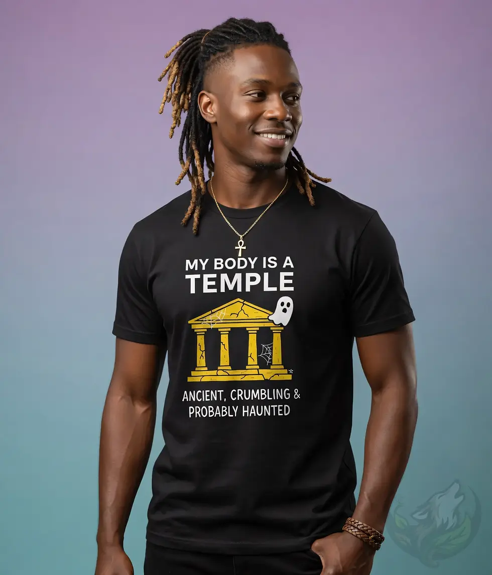 Thumbnail: Man with dreadlocks wearing black ancient temple humor shirt with funny ghost graphic