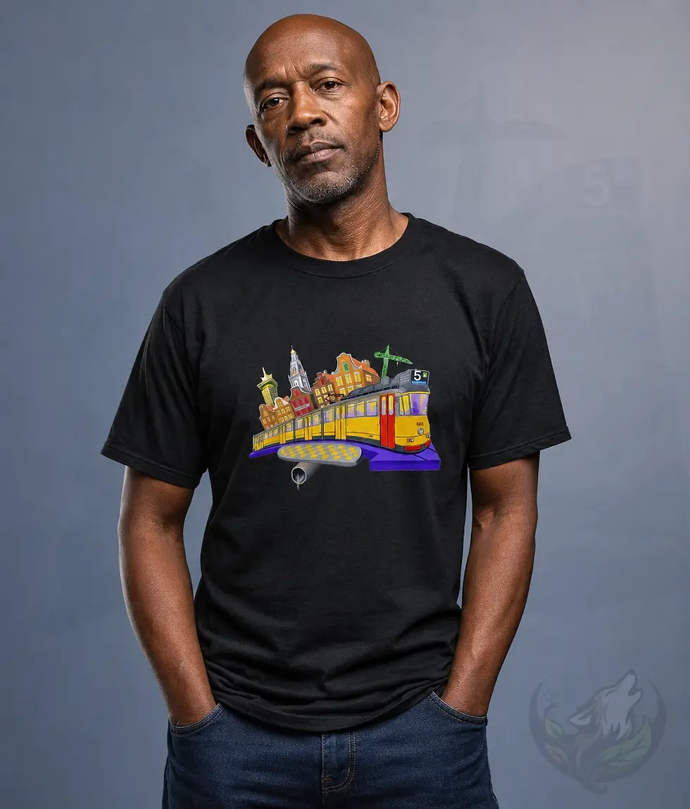 Thumbnail: Mature male model wearing black DefP Tram 5 unisex shirt with Amsterdam tram illustration design