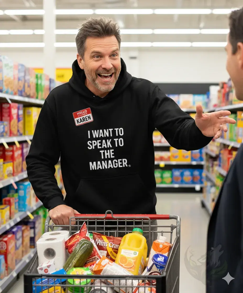 Man in a supermarket wearing a black unisex hoodie with the "I Want To Speak To The Manager" design.