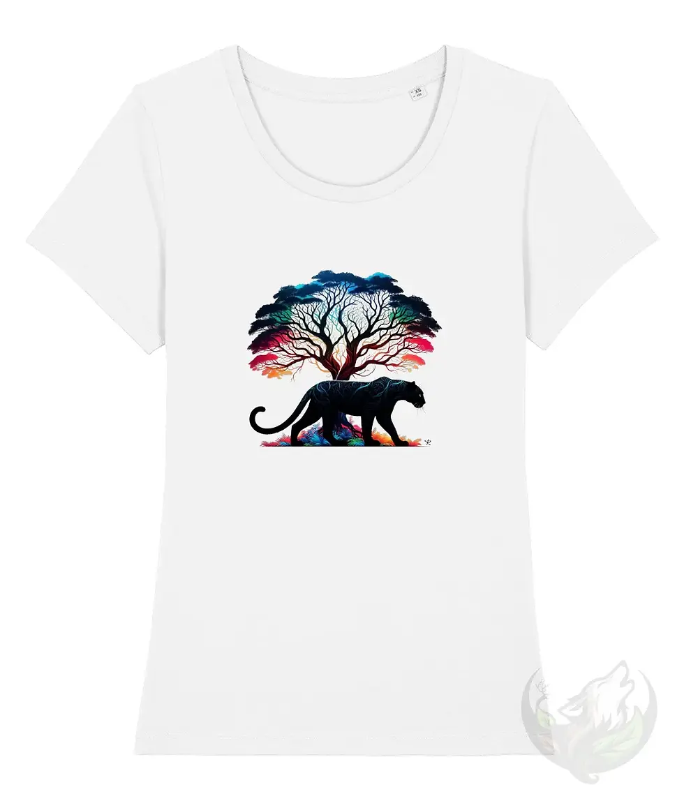 Thumbnail: White scoop neck tee with a colorful panther illustration shown on a crisp, professional mockup layout.
