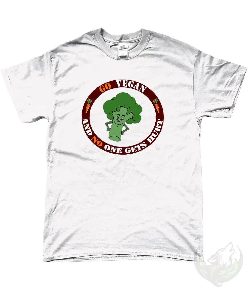 Thumbnail: White unisex t-shirt flat lay featuring "Go Vegan And No One Gets Hurt" cute broccoli and carrot design.