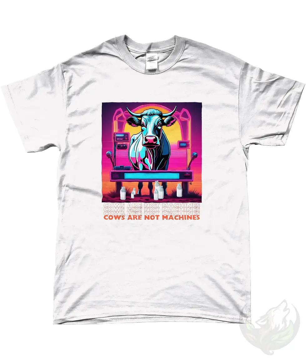 Thumbnail: White unisex t-shirt flat lay featuring bold cyberpunk cow graphic with "Cows Are Not Machines" text.