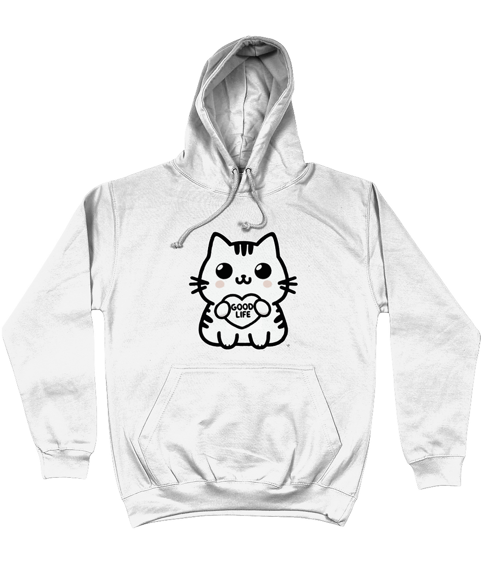 Thumbnail: White cozy Good Life Cat hoodie with a bright happy cat graphic and uplifting Good Life text.