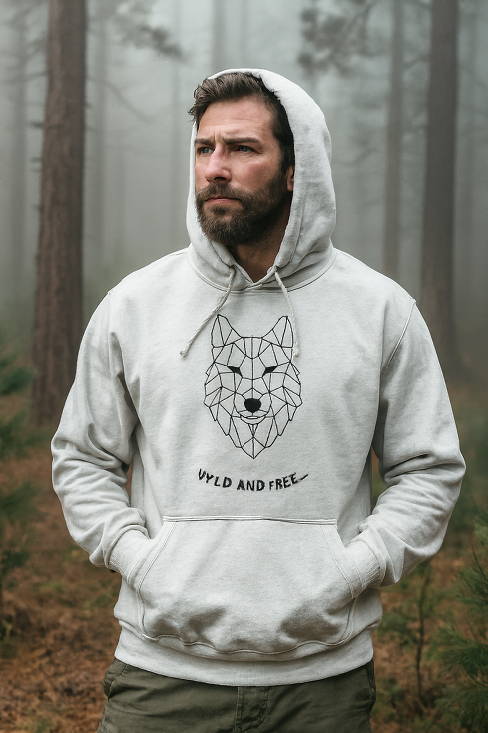 Thumbnail: Man wearing a hoodie with the “Wild & Free Wolf” design