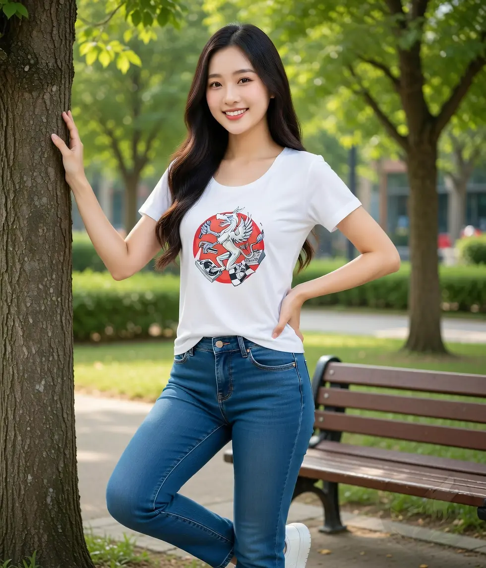 Thumbnail: Person in a park wearing a white scoop neck tee featuring Def P’s Griffin artwork with winged character and bold details