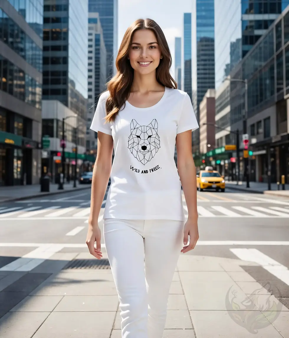 Thumbnail: Model wearing a premium white scoop neck tee with the geometric wolf Wild and Free design in a casual lifestyle scene.