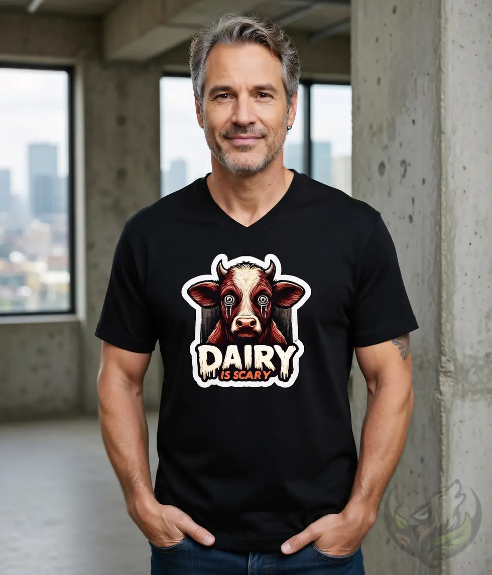 Thumbnail: Black V-neck unisex t-shirt worn by smiling man, "Dairy Is Scary" creepy cow with tears horror cartoon.