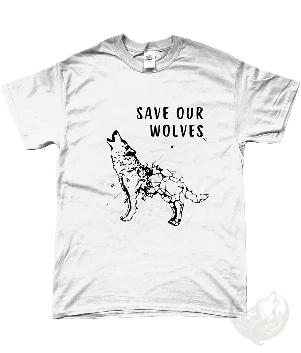 Thumbnail: White unisex t-shirt flat lay with geometric polygonal howling wolf and bold text "SAVE OUR WOLVES".