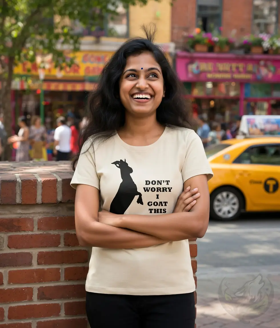 Thumbnail: Woman in natural scoop neck t-shirt with funny goat silhouette and "Don't worry I goat this" design.