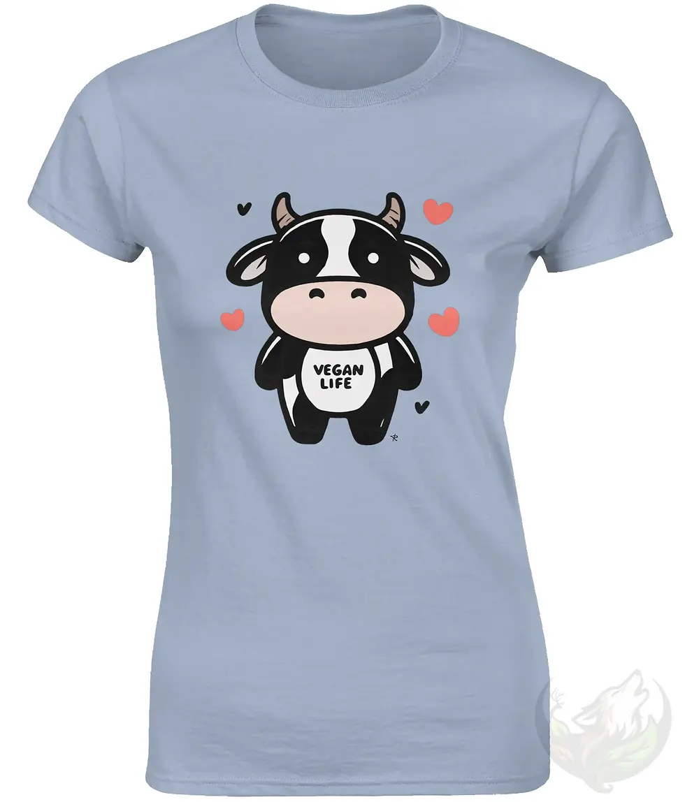 Thumbnail: Light blue fitted tee with Cute Cow Vegan Life design shown in a clean studio setting with soft neutral lighting.