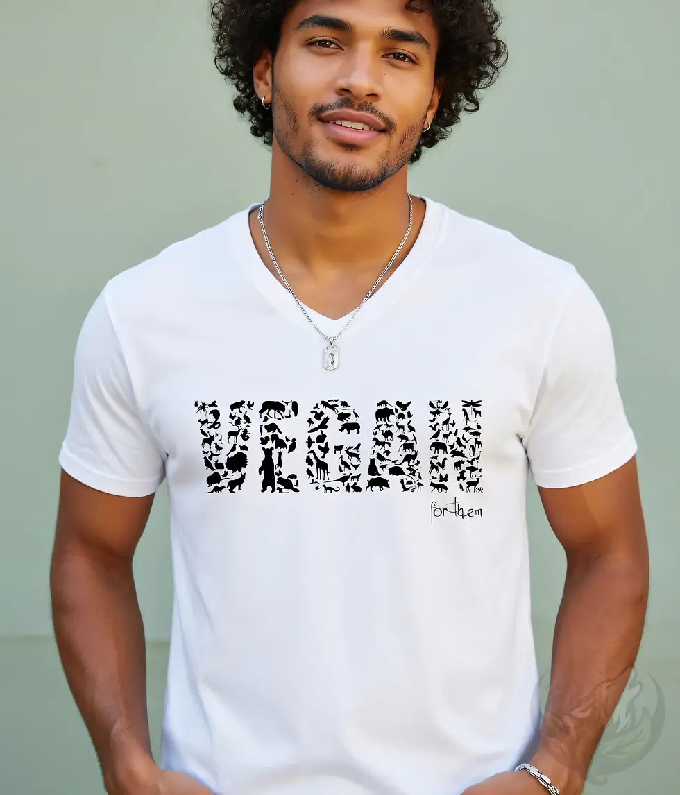 Thumbnail: White V-neck unisex t-shirt worn by smiling man with curly hair, "VEGAN" animal silhouettes "for them".