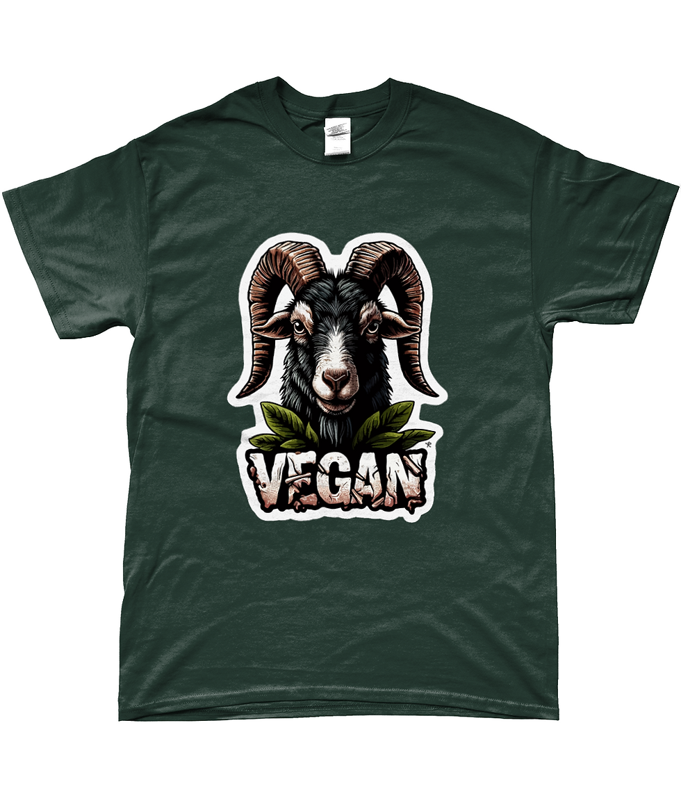 Thumbnail: Rich forest‑green Dark Side Goat unisex shirt for men with a spooky‑cute vegan goat design.