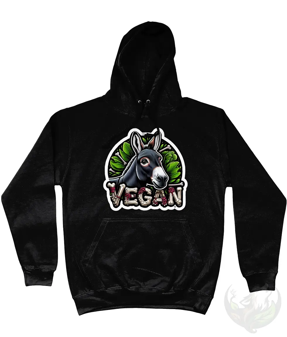 Thumbnail: Black unisex hoodie with dark donkey illustration, crossed bones and bold "VEGAN" text.