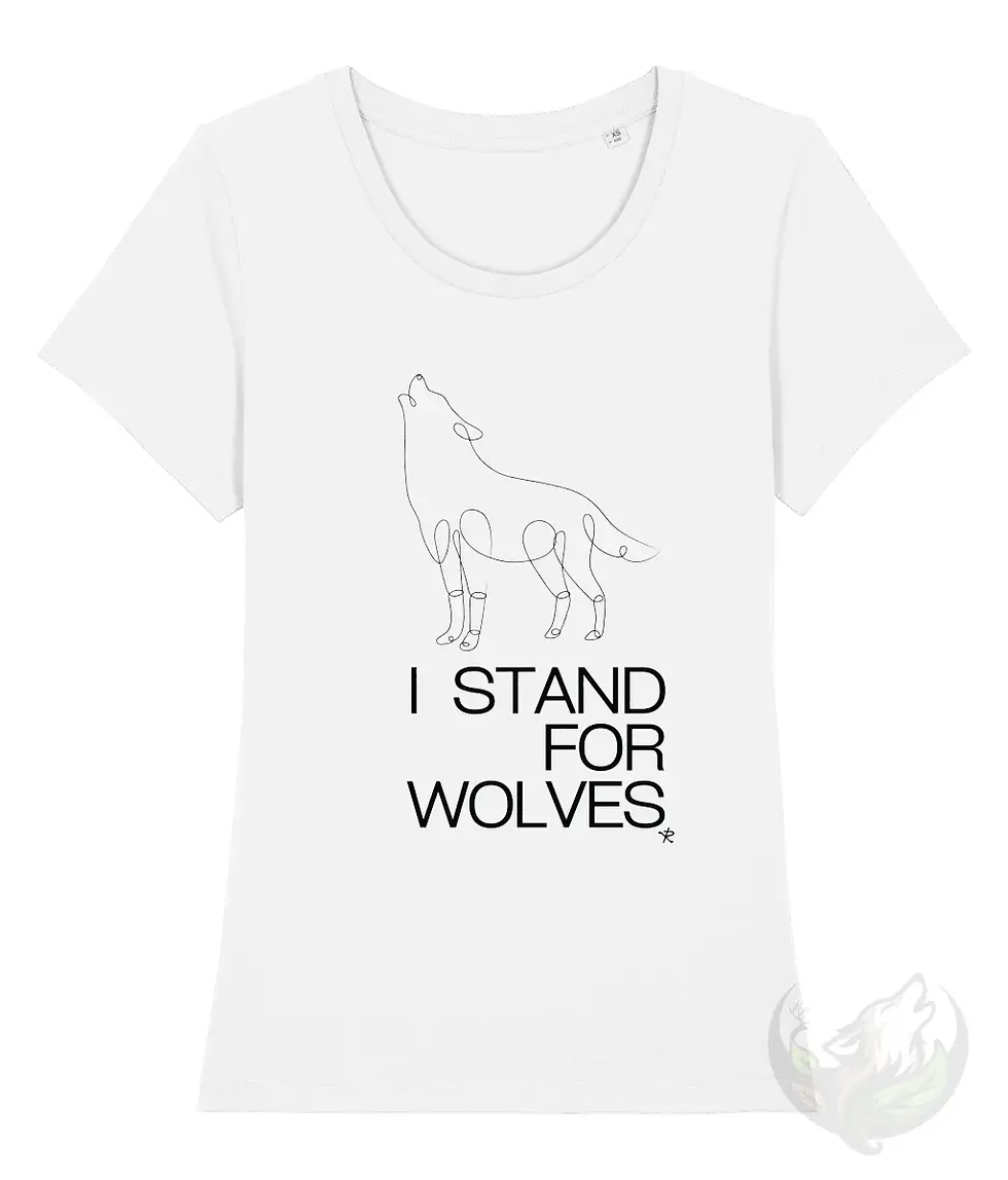 Thumbnail: White scoop neck tee displaying a clean line‑art wolf and conservation text.